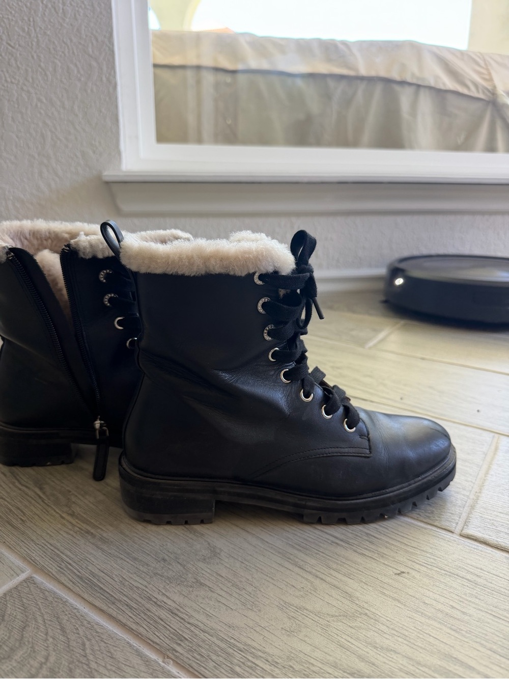 kate spade Black Lace-Up Combat Boots with Cream Faux-Fur Collar